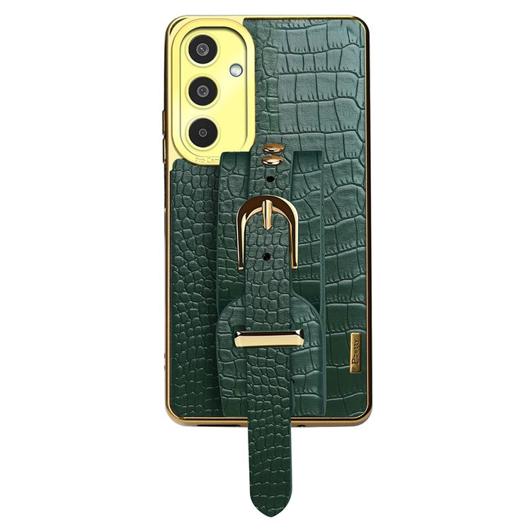 For Samsung Galaxy M35 5G Case Wristband Kickstand PU Leather+TPU 6D Electroplating Phone Cover - Green
