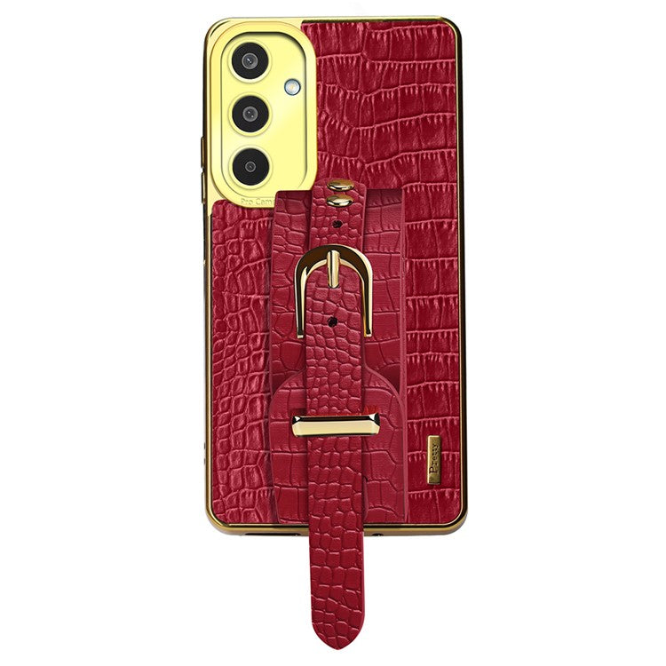 For Samsung Galaxy M35 5G Case Wristband Kickstand PU Leather+TPU 6D Electroplating Phone Cover - Red