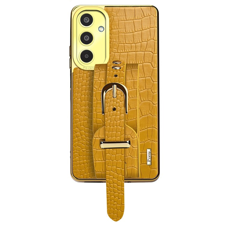 For Samsung Galaxy M35 5G Case Wristband Kickstand PU Leather+TPU 6D Electroplating Phone Cover - Yellow