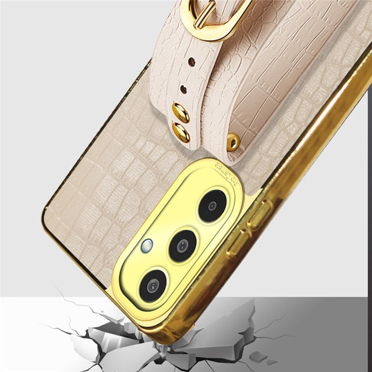 For Samsung Galaxy M35 5G Case Wristband Kickstand PU Leather+TPU 6D Electroplating Phone Cover - Yellow
