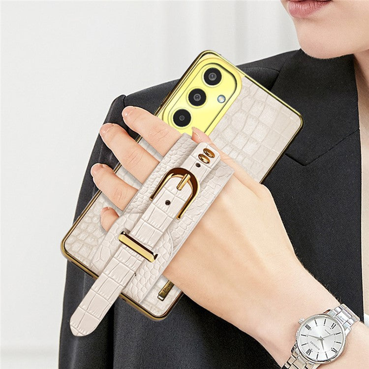 For Samsung Galaxy M35 5G Case Wristband Kickstand PU Leather+TPU 6D Electroplating Phone Cover - Black