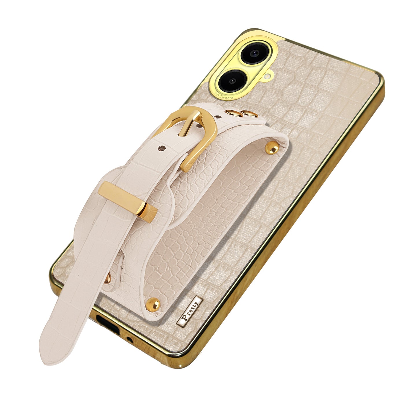 For Samsung Galaxy A06 Case Wristband Kickstand PU Leather+TPU 6D Electroplating Phone Cover - White