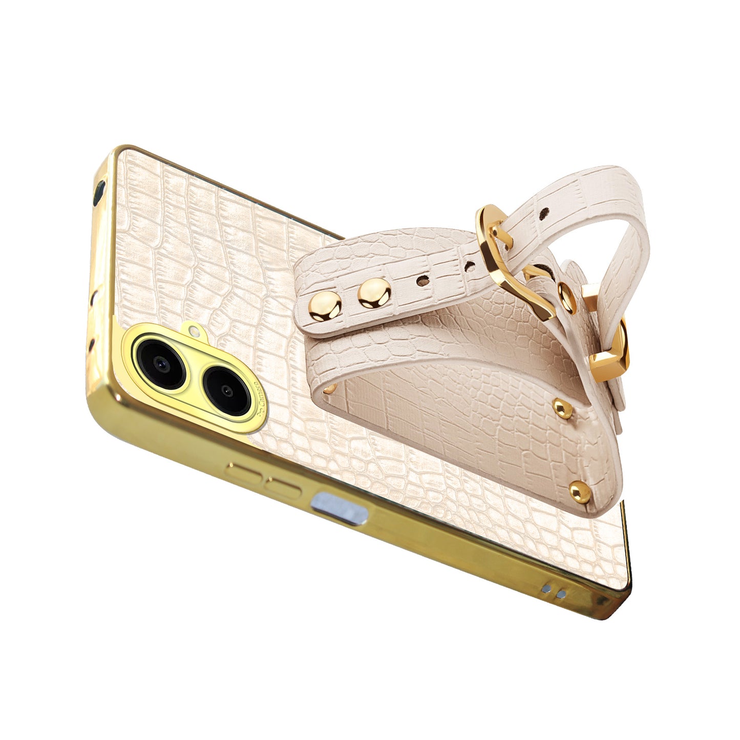 For Samsung Galaxy A06 Case Wristband Kickstand PU Leather+TPU 6D Electroplating Phone Cover - White