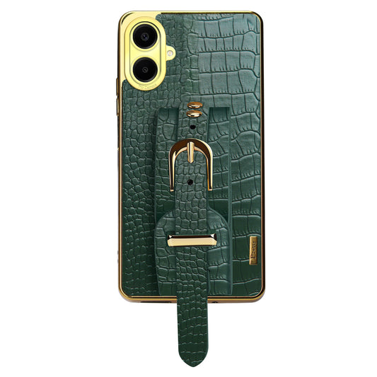 For Samsung Galaxy A06 Case Wristband Kickstand PU Leather+TPU 6D Electroplating Phone Cover - Green