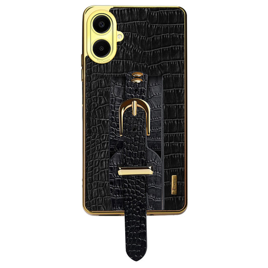 For Samsung Galaxy A06 Case Wristband Kickstand PU Leather+TPU 6D Electroplating Phone Cover - Black