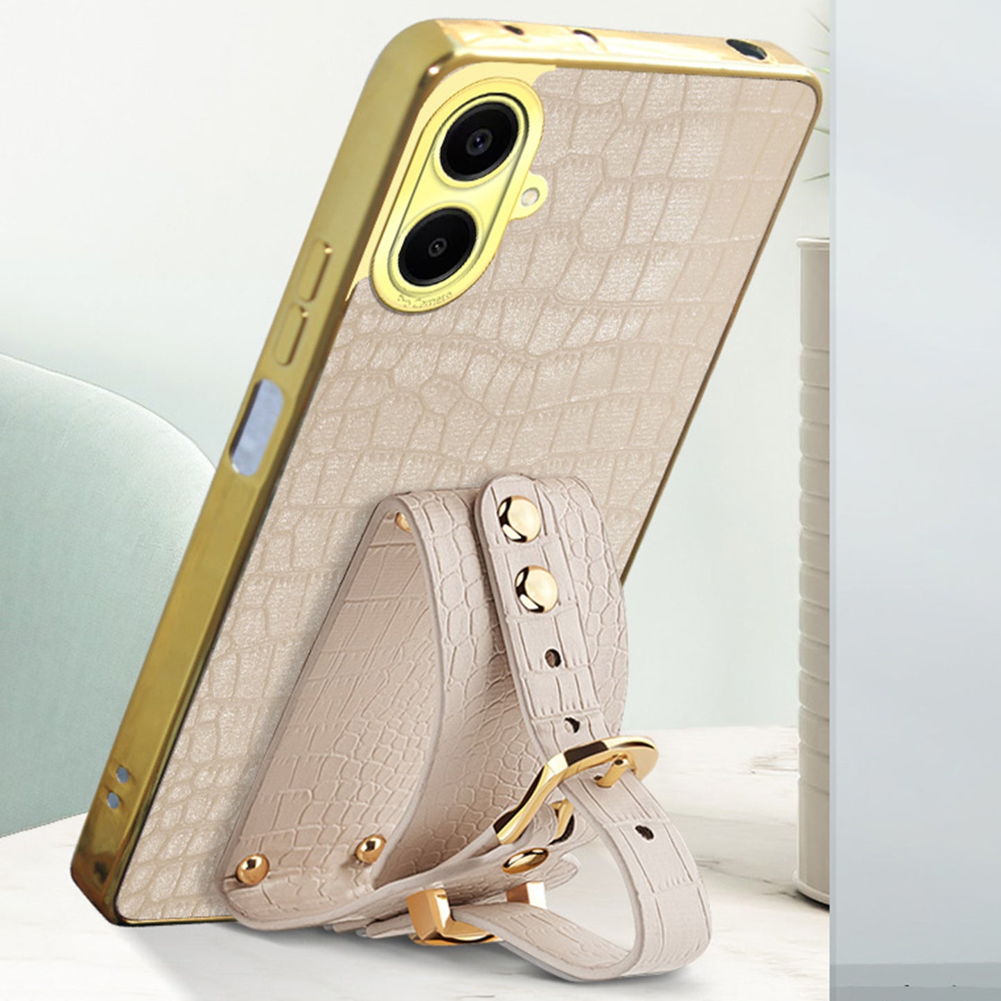 For Samsung Galaxy A06 Case Wristband Kickstand PU Leather+TPU 6D Electroplating Phone Cover - Black