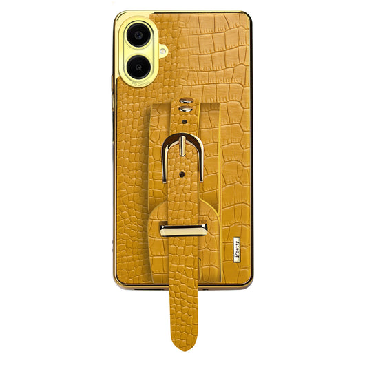 For Samsung Galaxy A06 Case Wristband Kickstand PU Leather+TPU 6D Electroplating Phone Cover - Yellow