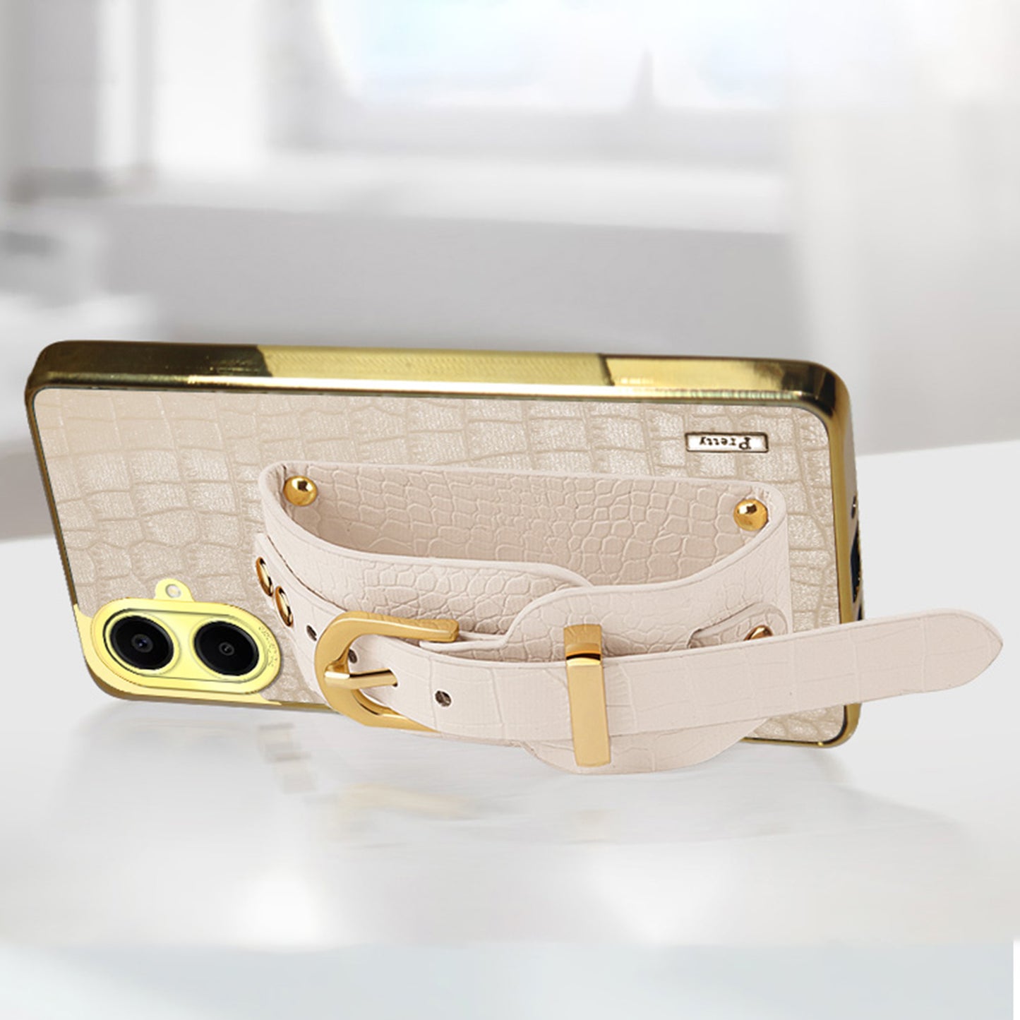 For Samsung Galaxy A06 Case Wristband Kickstand PU Leather+TPU 6D Electroplating Phone Cover - Yellow