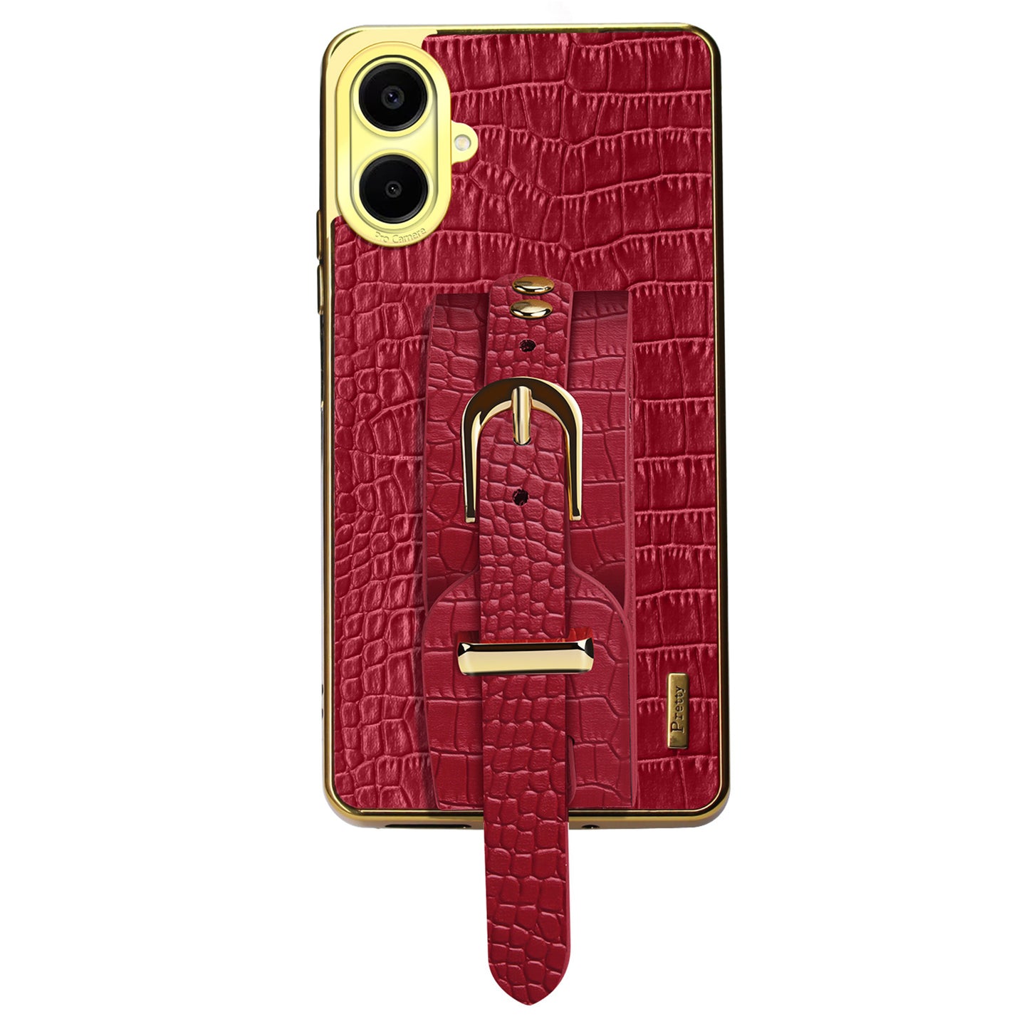 For Samsung Galaxy A06 Case Wristband Kickstand PU Leather+TPU 6D Electroplating Phone Cover - Red