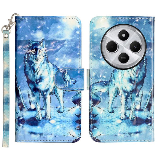 For Xiaomi Poco C75 4G / Redmi 14R 5G / 14C 4G Case 3D Pattern Printed Phone Leather Phone Cover - Snow Wolf