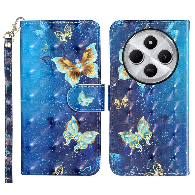 For Xiaomi Poco C75 4G / Redmi 14R 5G / 14C 4G Case 3D Pattern Printed Phone Leather Phone Cover - Blue Gold Butterflies