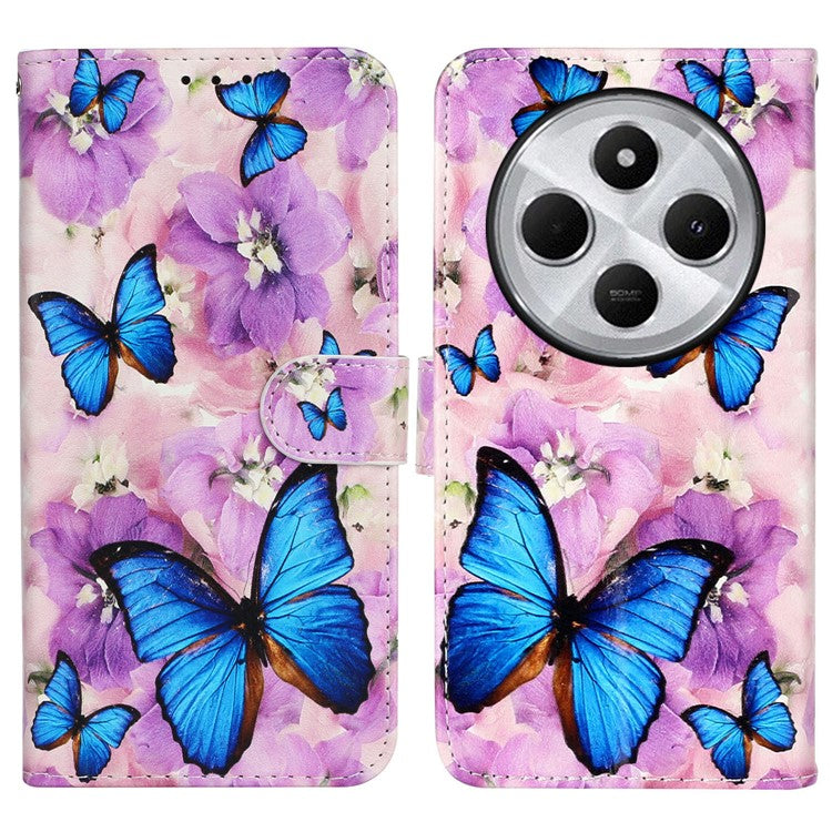 For Xiaomi Poco C75 4G / Redmi 14R 5G / 14C 4G Case Pattern Leather Wallet Phone Cover with Card Holder - Purple Flower Butterfly