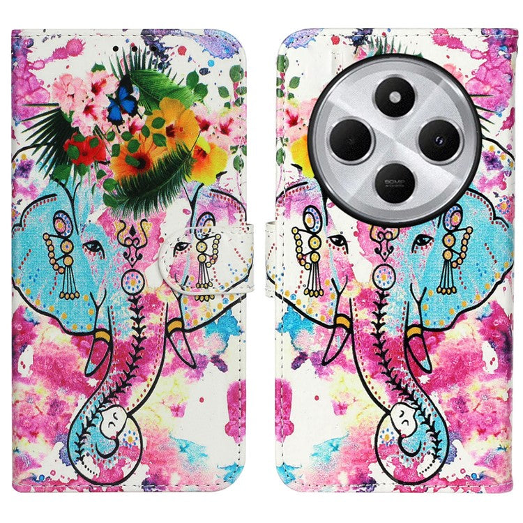For Xiaomi Poco C75 4G / Redmi 14R 5G / 14C 4G Case Pattern Leather Wallet Phone Cover with Card Holder - Flower Elephant