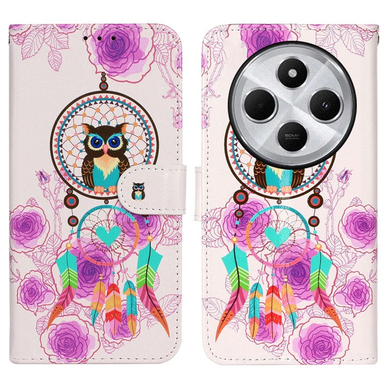 For Xiaomi Poco C75 4G / Redmi 14R 5G / 14C 4G Case Pattern Leather Wallet Phone Cover with Card Holder - Wind Chime Owl