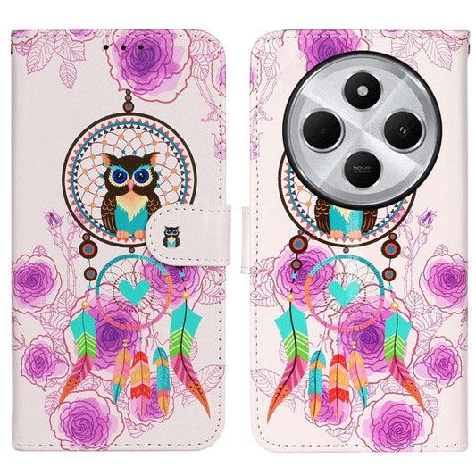 For Xiaomi Poco C75 4G / Redmi 14R 5G / 14C 4G Case Pattern Leather Wallet Phone Cover with Card Holder - Wind Chime Owl