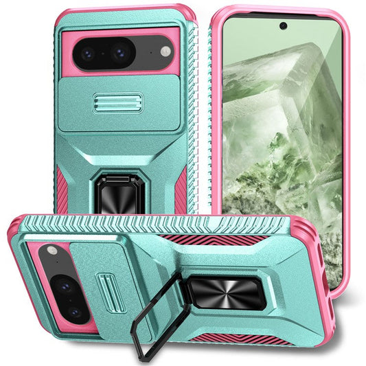 For Google Pixel 8 Case Camshield Kickstand TPU+PC Anti-Slip Phone Cover - Grey Green+Pink