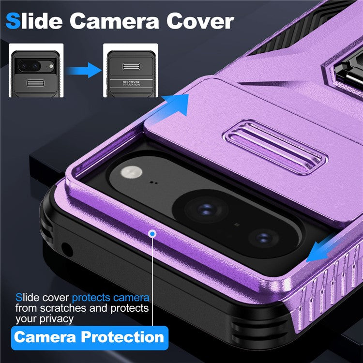 For Google Pixel 8 Case Camshield Kickstand TPU+PC Anti-Slip Phone Cover - Purple
