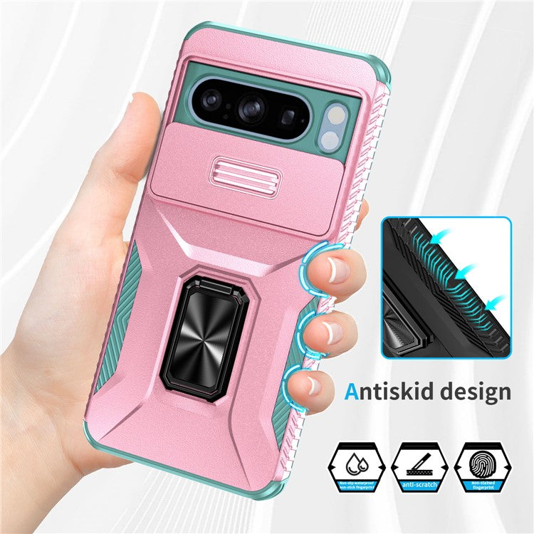 For Google Pixel 8 Pro Case Camshield Kickstand TPU+PC Anti-Slip Phone Cover -  Pink+Grey Green