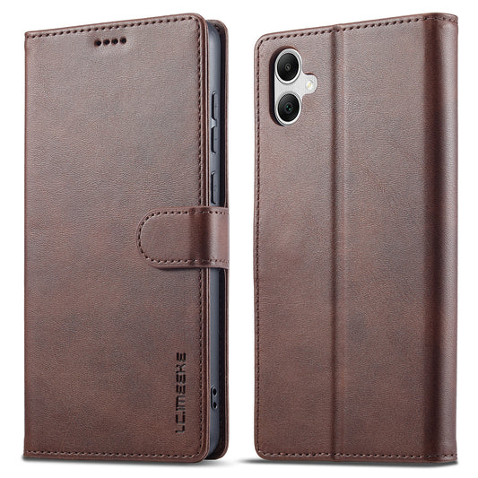 LC.IMEEKE For Samsung Galaxy A06 Case Calf Texture PU Leather Stand Wallet Phone Cover - Brown