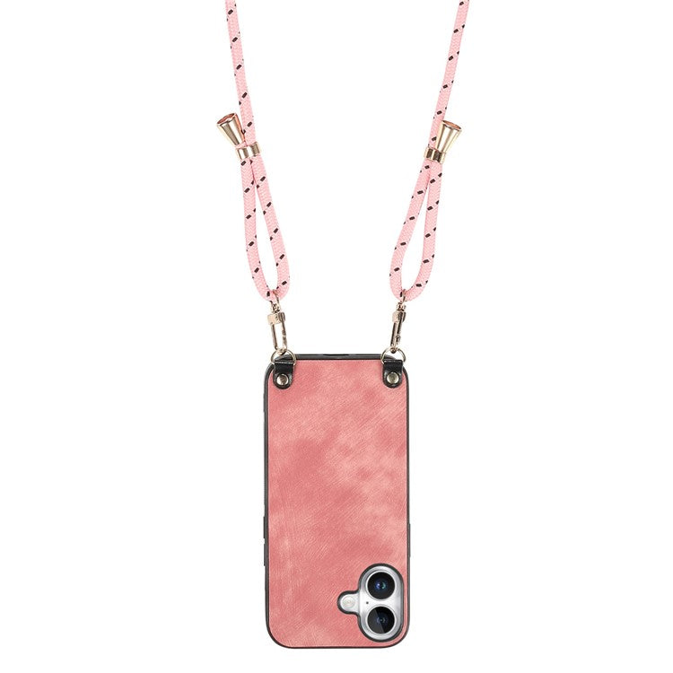 For iPhone 16 Case Retro Texture Leather Coated PC+TPU Phone Cover with Hanging Rope - Pink