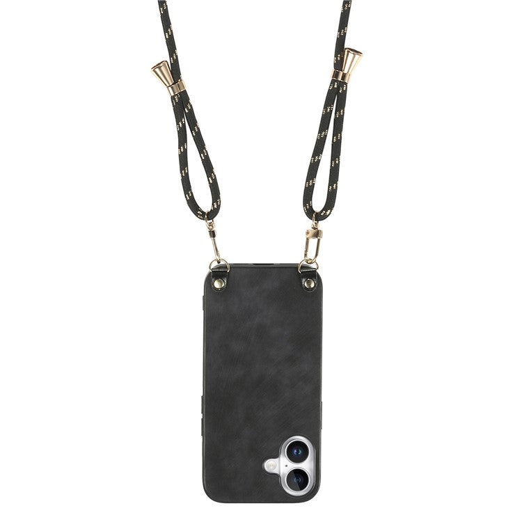 For iPhone 16 Plus Case Retro Texture Leather Coated PC+TPU Phone Cover with Hanging Rope - Black