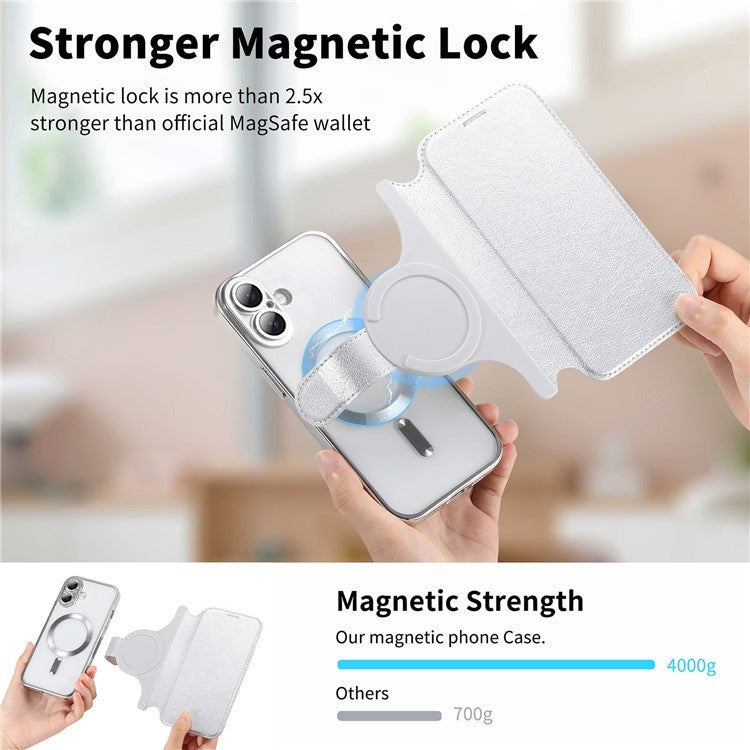 CASENEO For iPhone 16 Case with Lens Film TPU Inner Shell Detachable Leather Phone Cover - Silver