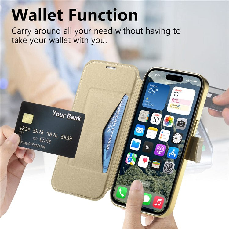 CASENEO For iPhone 16 Pro Case with Lens Film TPU Inner Shell Detachable Leather Phone Cover - Gold