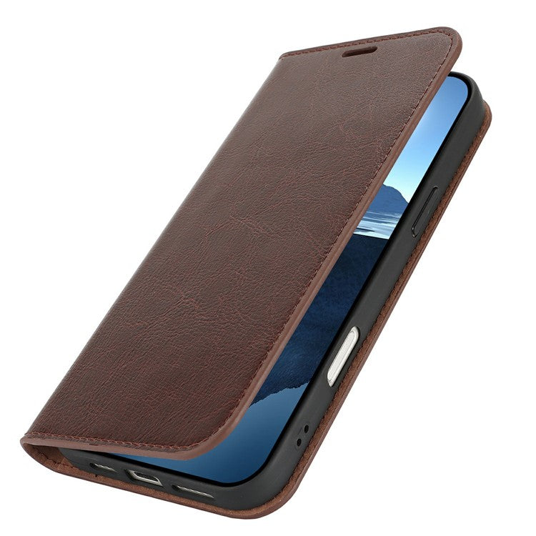 For iPhone 16 Case Crazy Horse Texture Split Leather Wallet Phone Cover - Dark Brown