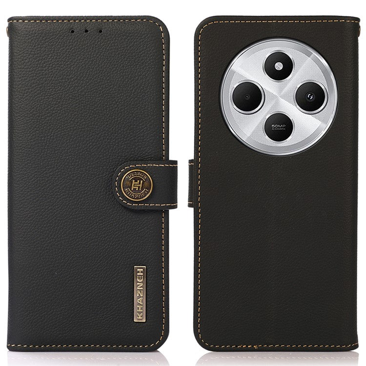 KHAZNEH For Xiaomi Redmi 14C 4G Case Genuine Cow Leather Wallet Phone Cover - Black