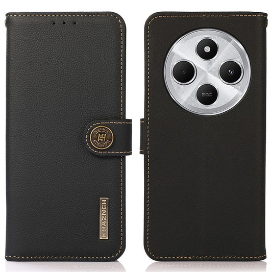 KHAZNEH For Xiaomi Redmi 14C 4G Case Genuine Cow Leather Wallet Phone Cover - Black