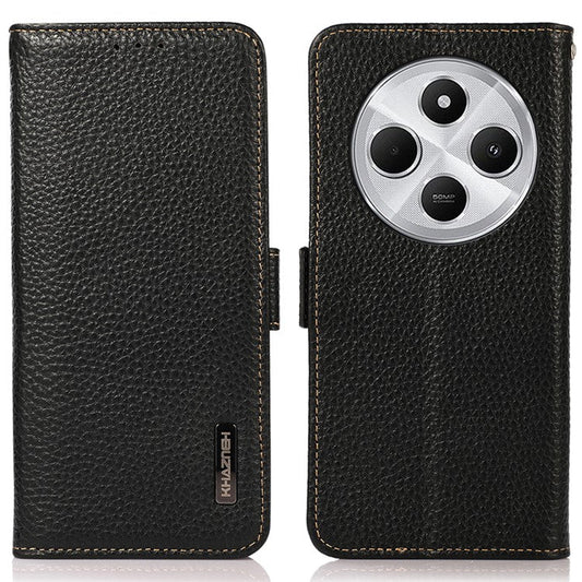 KHAZNEH For Xiaomi Poco C75 4G / Redmi 14R 5G / 14C 4G Phone Case Genuine Cow Leather Cover RFID Blocking - Black