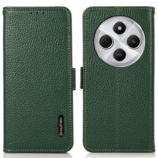 KHAZNEH For Xiaomi Poco C75 4G / Redmi 14R 5G / 14C 4G Phone Case Genuine Cow Leather Cover RFID Blocking - Green
