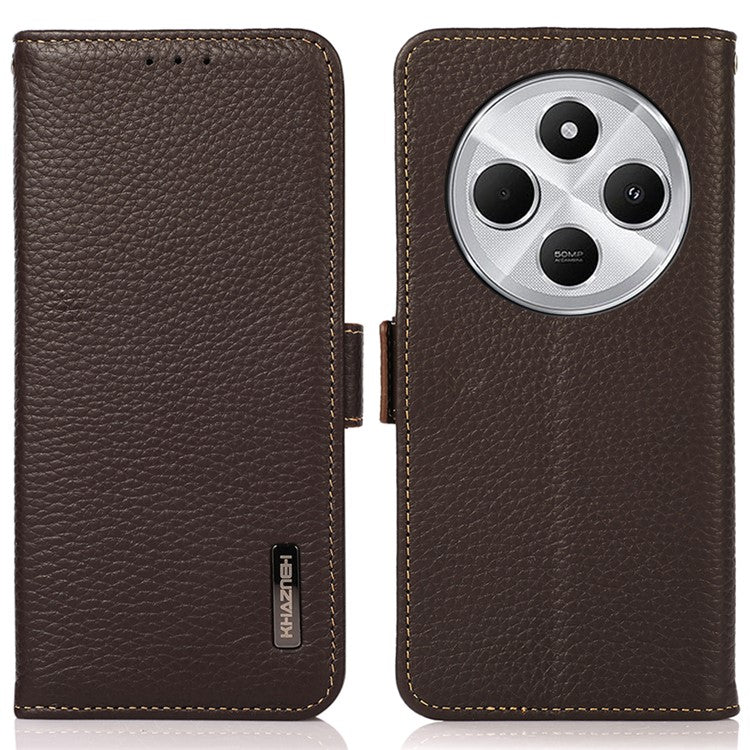 KHAZNEH For Xiaomi Poco C75 4G / Redmi 14R 5G / 14C 4G Phone Case Genuine Cow Leather Cover RFID Blocking - Brown