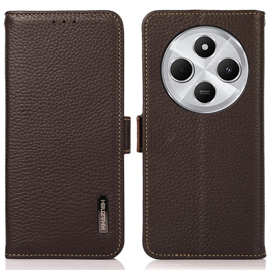 KHAZNEH For Xiaomi Poco C75 4G / Redmi 14R 5G / 14C 4G Phone Case Genuine Cow Leather Cover RFID Blocking - Brown