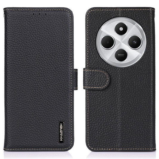 KHAZNEH For Xiaomi Poco C75 4G / Redmi 14R 5G / 14C 4G Phone Case Genuine Cow Leather Flip Cover - Black