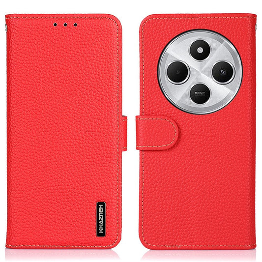 KHAZNEH For Xiaomi Poco C75 4G / Redmi 14R 5G / 14C 4G Phone Case Genuine Cow Leather Flip Cover - Red