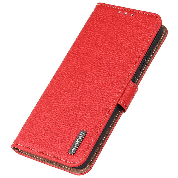 KHAZNEH For Xiaomi Poco C75 4G / Redmi 14R 5G / 14C 4G Phone Case Genuine Cow Leather Flip Cover - Red