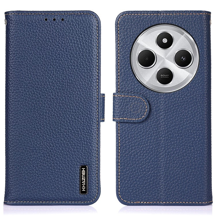 KHAZNEH For Xiaomi Poco C75 4G / Redmi 14R 5G / 14C 4G Phone Case Genuine Cow Leather Flip Cover - Blue