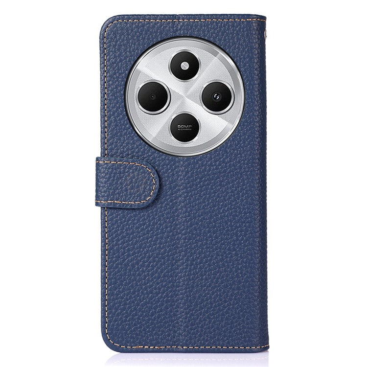 KHAZNEH For Xiaomi Poco C75 4G / Redmi 14R 5G / 14C 4G Phone Case Genuine Cow Leather Flip Cover - Blue