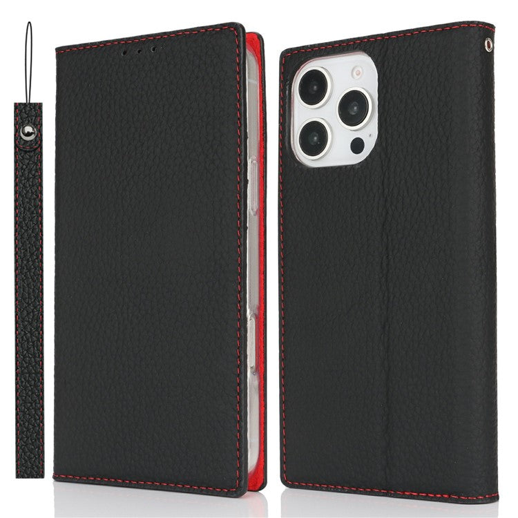 For iPhone 16 Pro Wallet Case Genuine Cow Leather Phone Cover Litchi Texture - Black