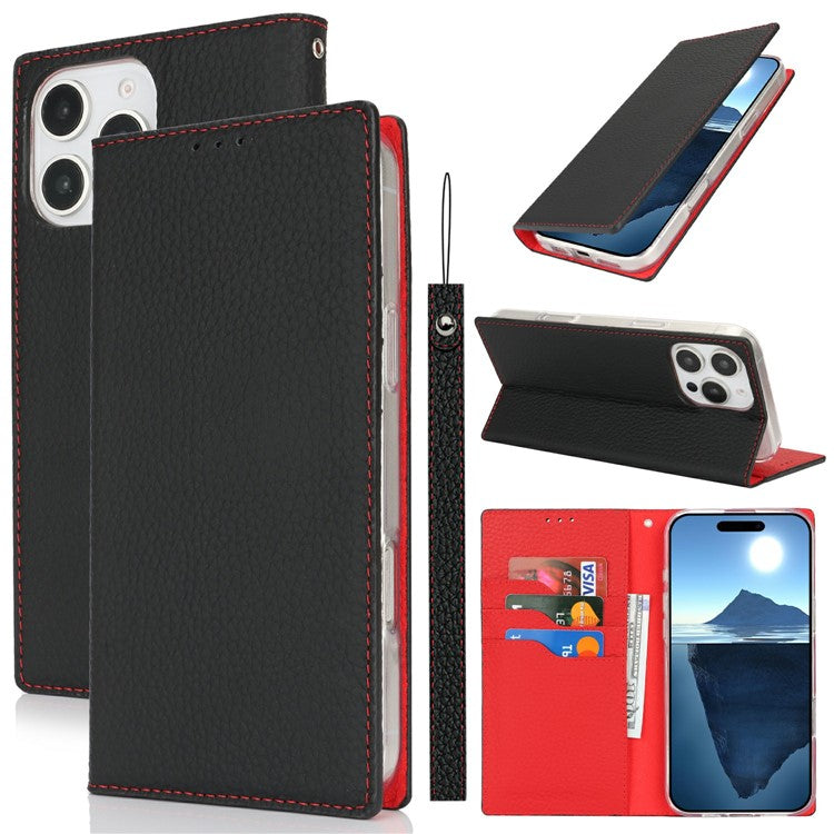 For iPhone 16 Pro Wallet Case Genuine Cow Leather Phone Cover Litchi Texture - Black