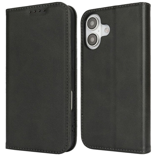 For iPhone 16 Plus Case PU Leather Calf Textured Magnetic Closing Smart Phone Cover - Black