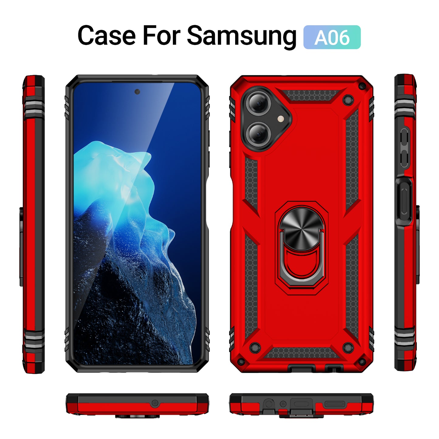 For Samsung Galaxy A06 Case PC+TPU Phone Cover with Rotary Ring Kickstand - Red