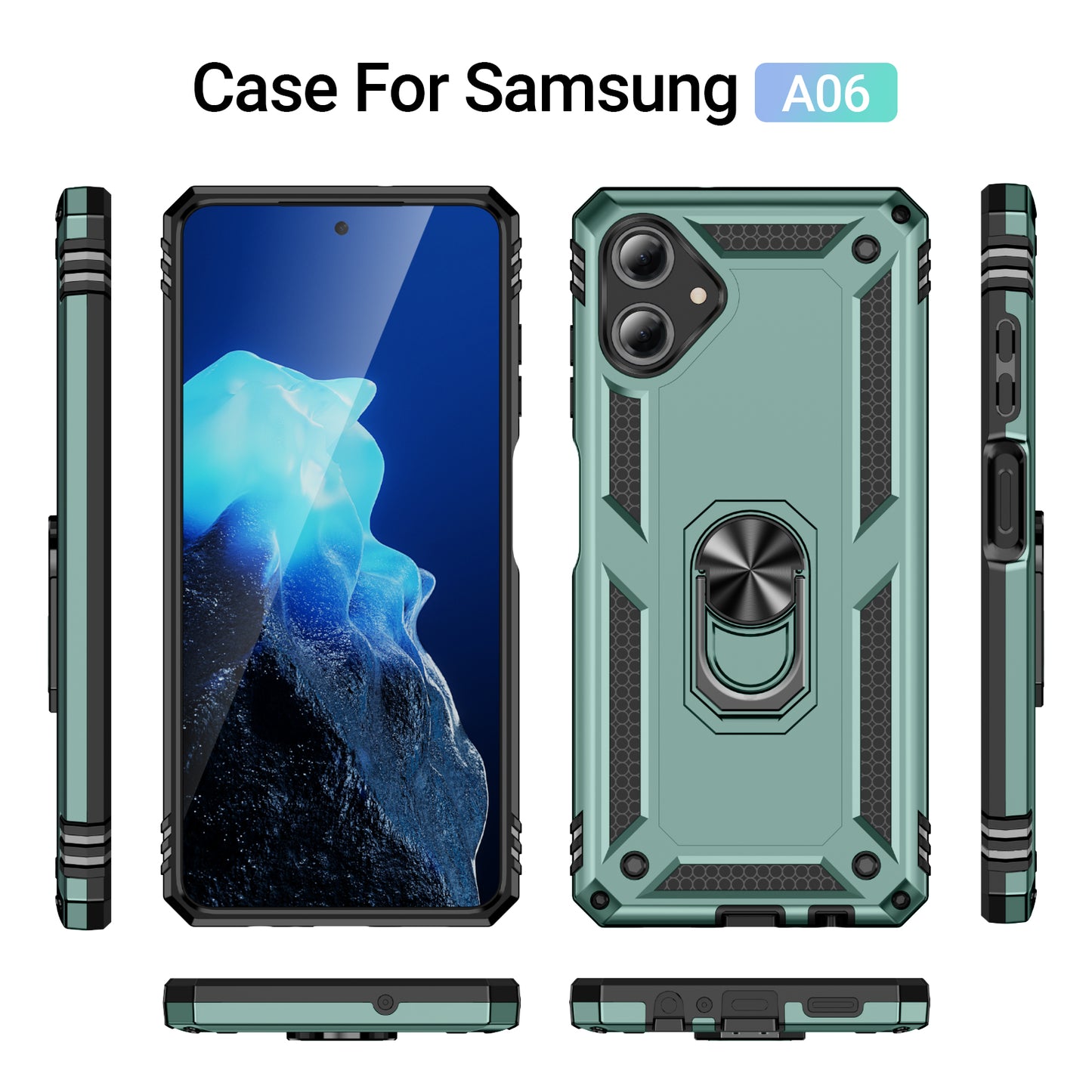 For Samsung Galaxy A06 Case PC+TPU Phone Cover with Rotary Ring Kickstand - Blackish Green