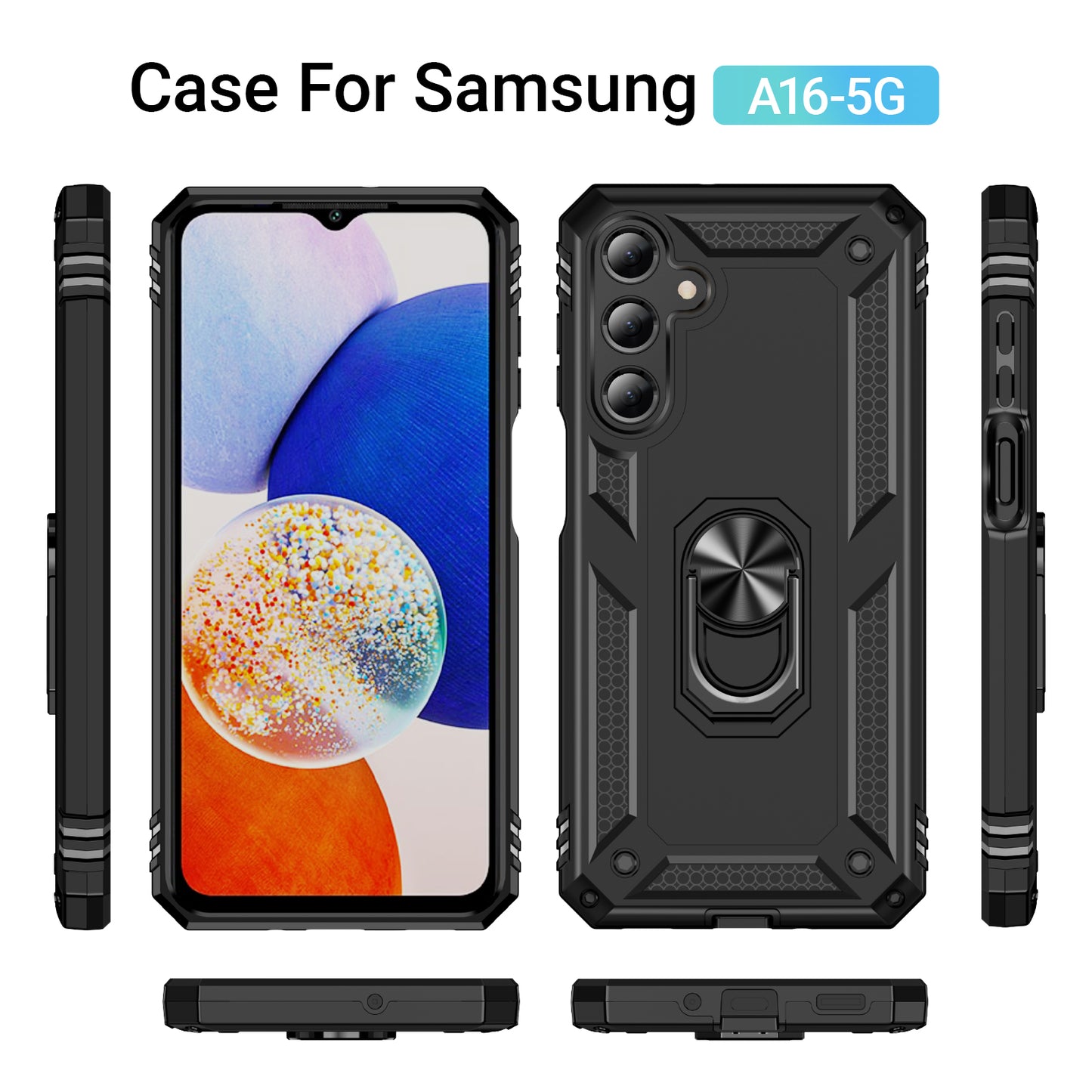 For Samsung Galaxy A16 5G / A16 4G Case PC+TPU Phone Cover with Rotary Ring Kickstand - Black