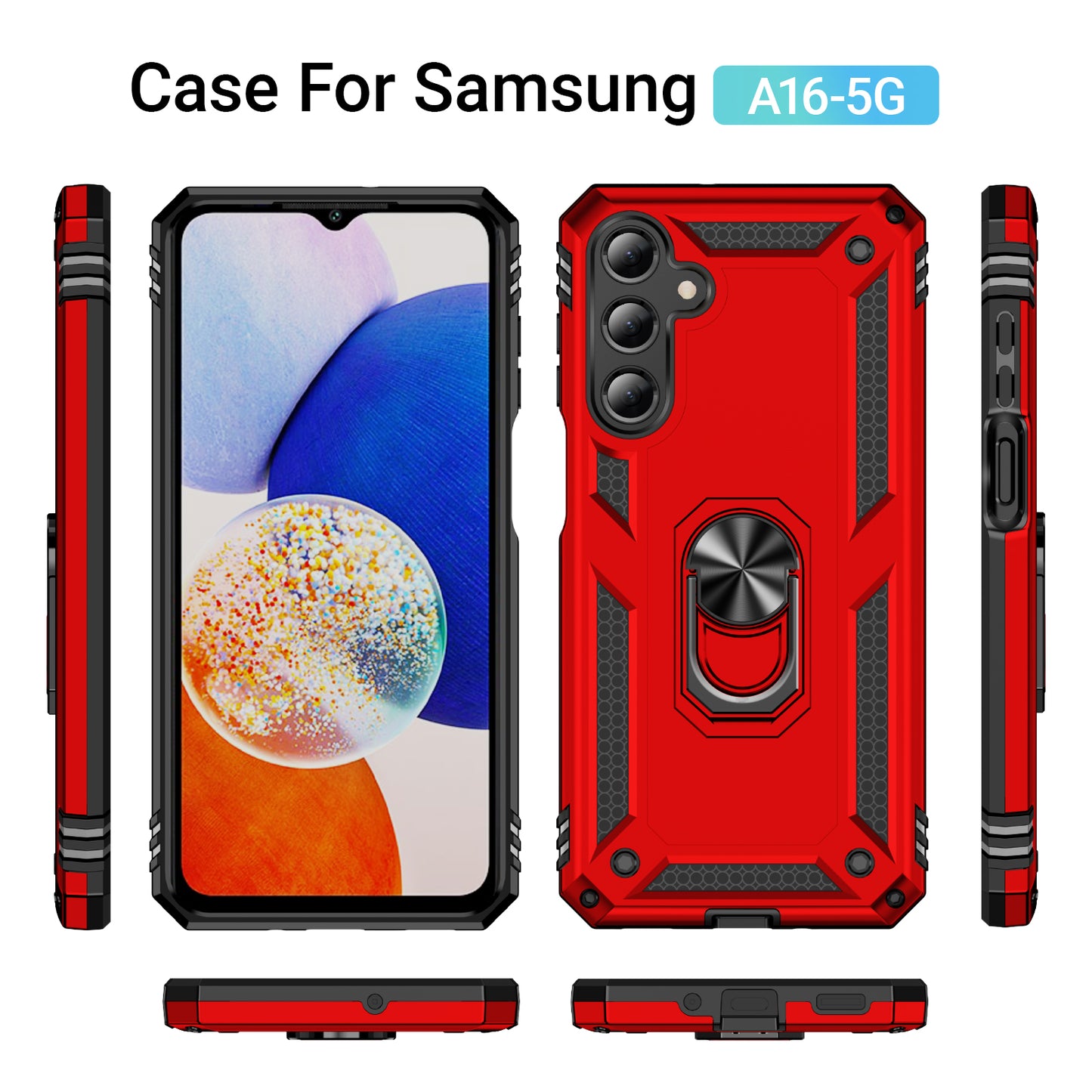 For Samsung Galaxy A16 5G / A16 4G Case PC+TPU Phone Cover with Rotary Ring Kickstand - Red