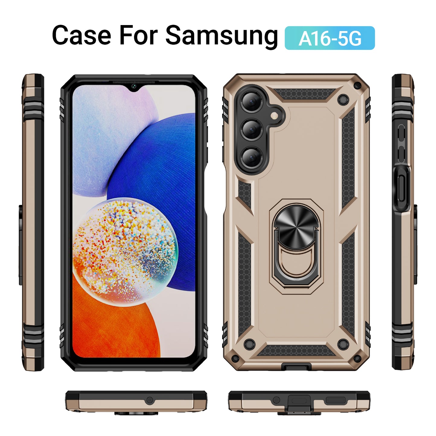 For Samsung Galaxy A16 5G / A16 4G Case PC+TPU Phone Cover with Rotary Ring Kickstand - Gold