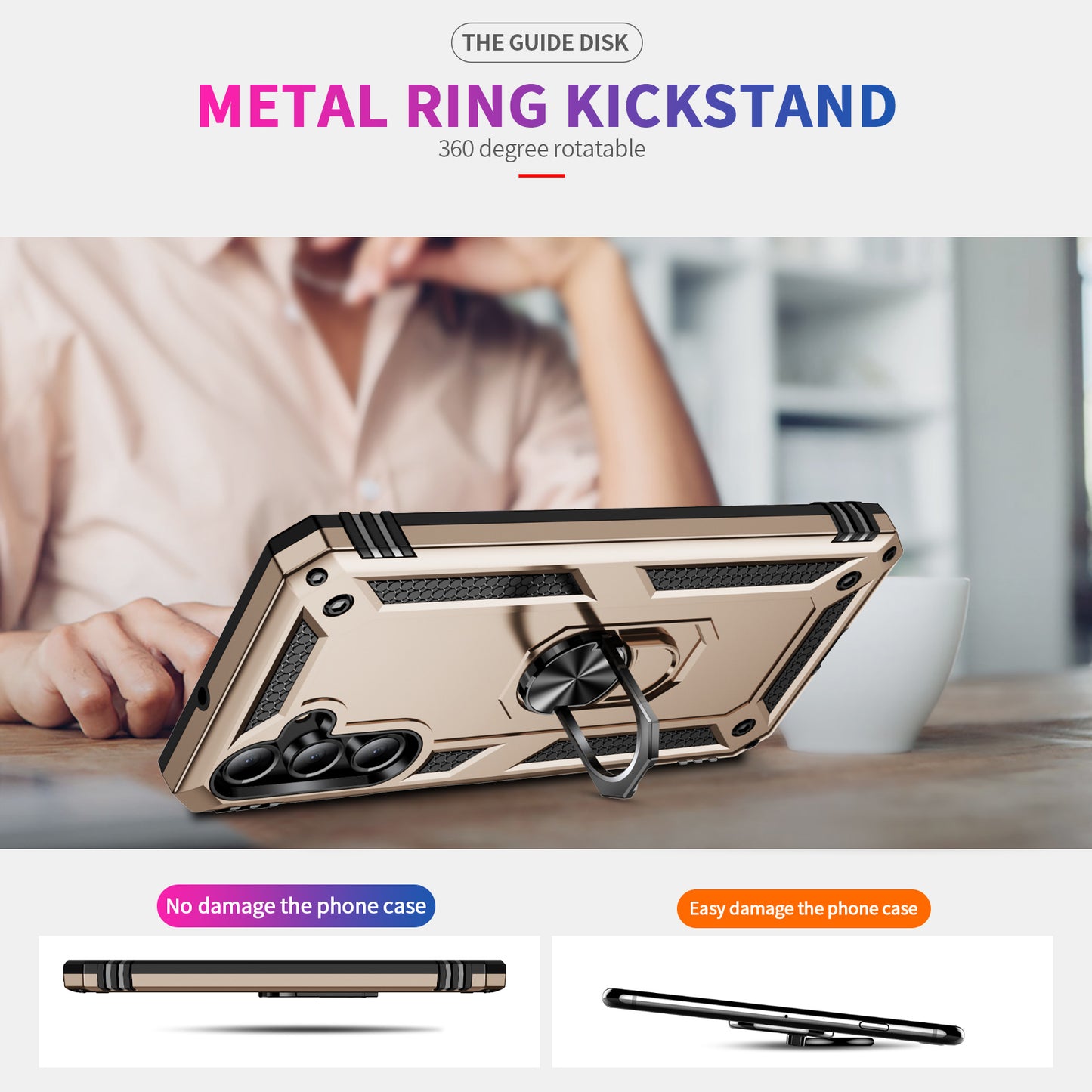 For Samsung Galaxy A16 5G / A16 4G Case PC+TPU Phone Cover with Rotary Ring Kickstand - Gold