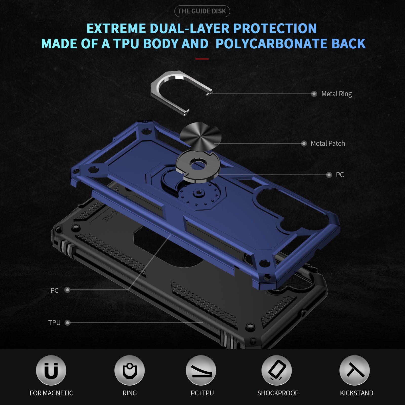 For Samsung Galaxy A16 5G / A16 4G Case PC+TPU Phone Cover with Rotary Ring Kickstand - Blue