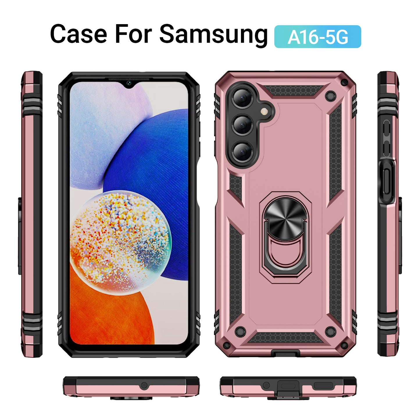 For Samsung Galaxy A16 5G / A16 4G Case PC+TPU Phone Cover with Rotary Ring Kickstand - Rose Gold